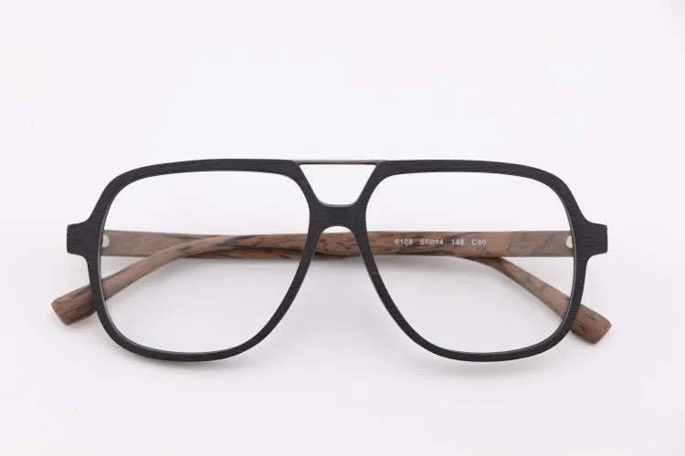 Hdcrafter Unisex Full Rim Polygonal Double Bridge Wood Metal Frame Eyeglasses 6018