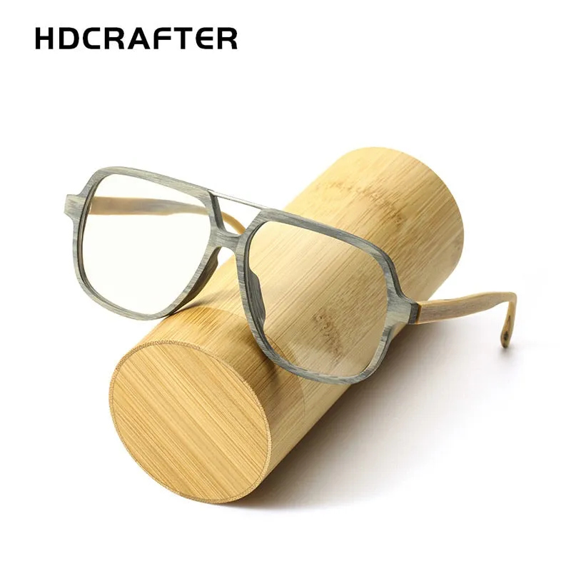 Hdcrafter Unisex Full Rim Polygonal Double Bridge Wood Metal Frame Eyeglasses 6018