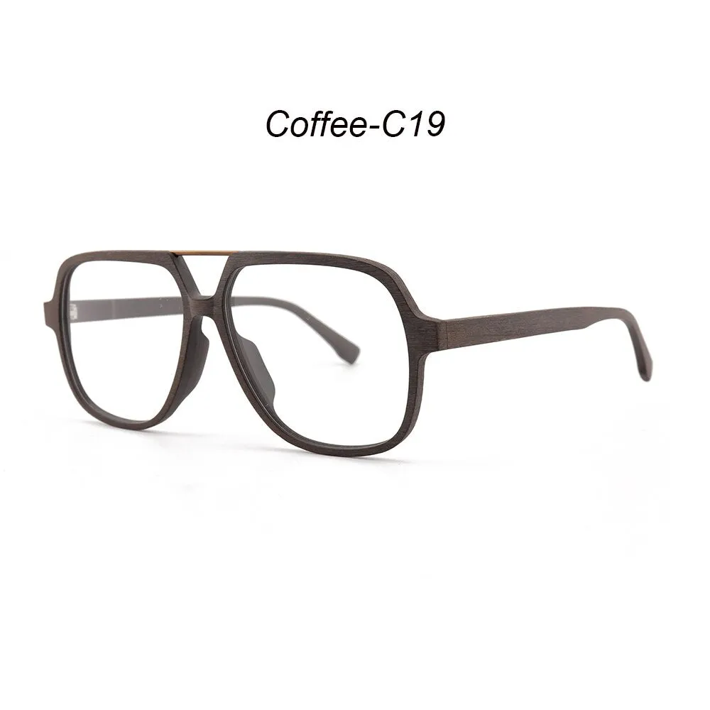 Hdcrafter Unisex Full Rim Polygonal Double Bridge Wood Metal Frame Eyeglasses 6018