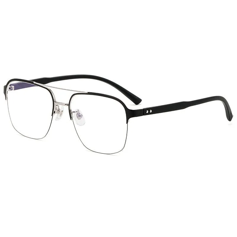 Hotochki Men's Semi Rim Square Double Bridge Titanium Eyeglasses