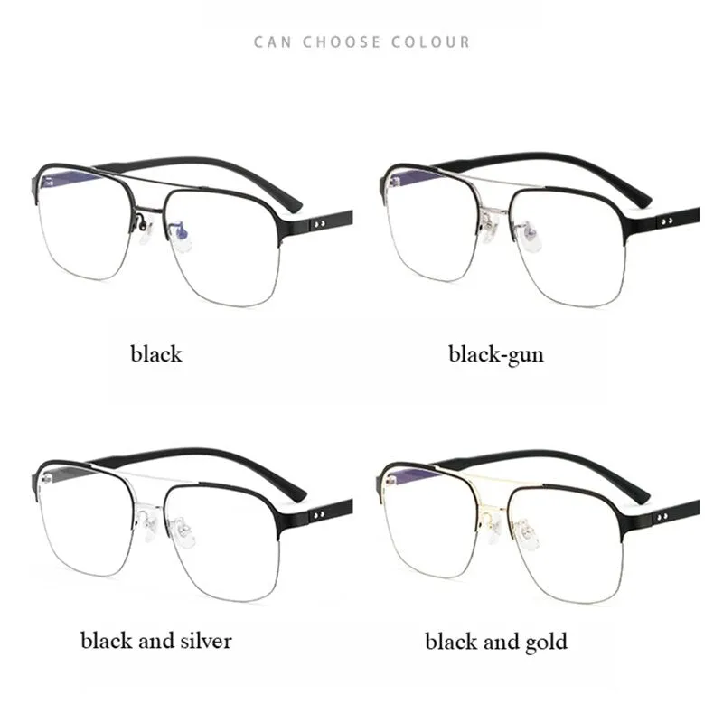 Hotochki Men's Semi Rim Square Double Bridge Titanium Eyeglasses