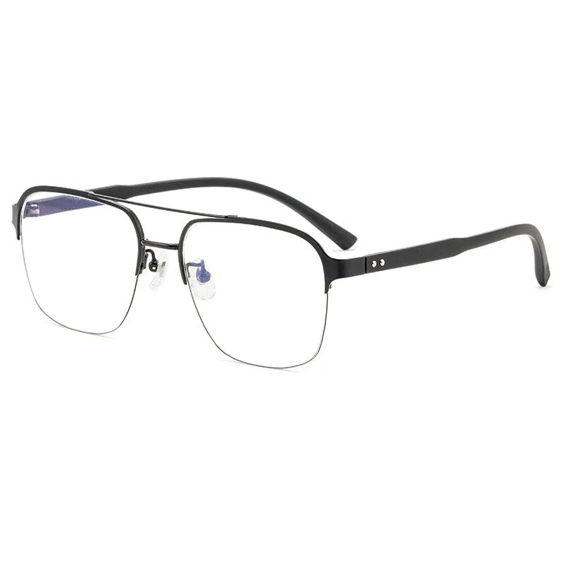 Hotochki Men's Semi Rim Square Double Bridge Titanium Eyeglasses