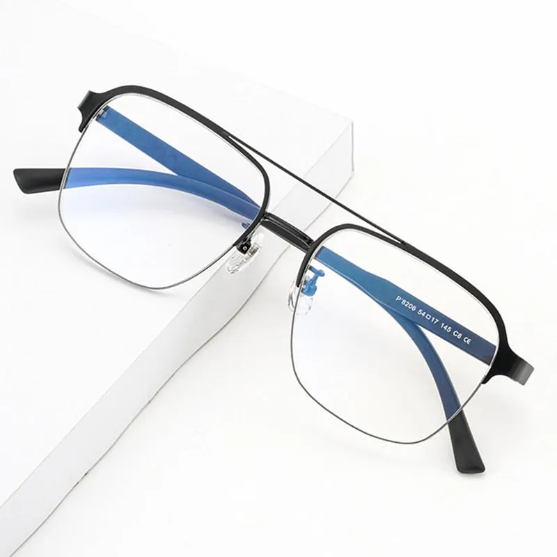 Hotochki Men's Semi Rim Square Double Bridge Titanium Eyeglasses