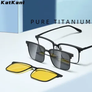 KatKani Unisex Full Rim Square Titanium Eyeglasses Clip On Polarized Sunglasses 9911