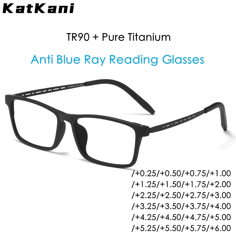 KatKani Unisex Full Rim Square Tr 90 Titanium Reading Glasses Anti Blue Light 8822t