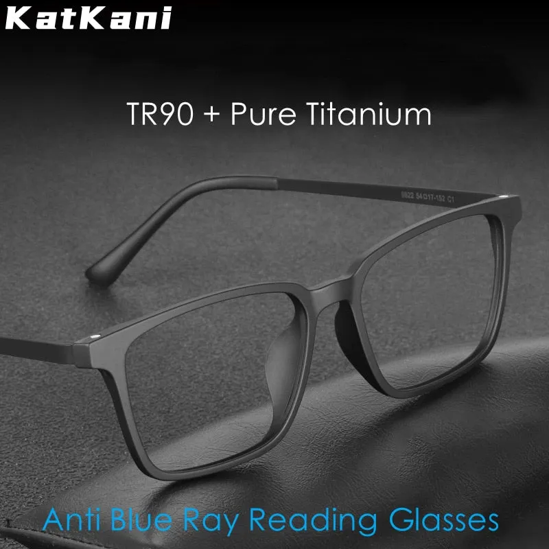 KatKani Unisex Full Rim Square Tr 90 Titanium Reading Glasses Anti Blue Light Black K9822