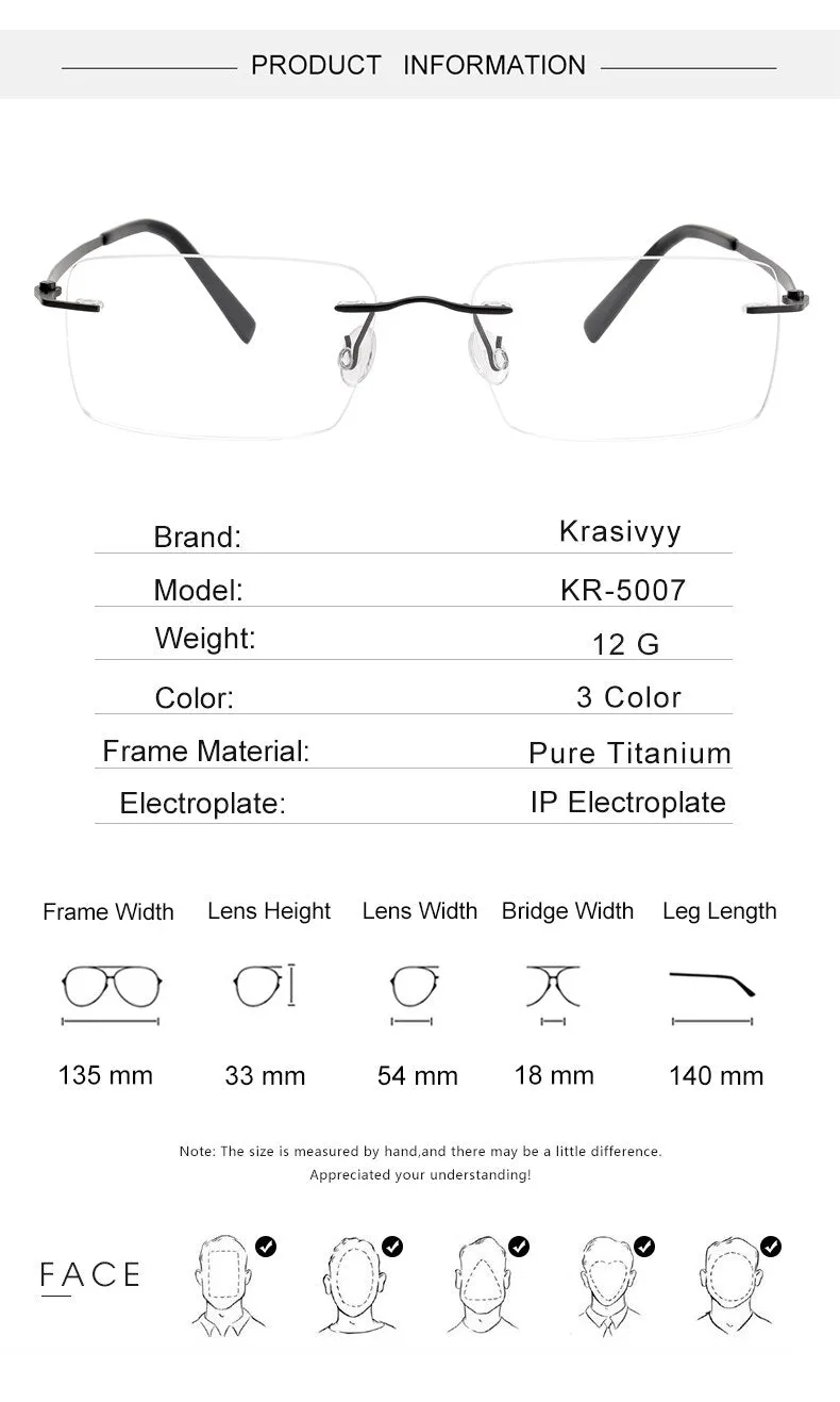 Krasivyy Men's Rimless Square Screwless Titanium Eyeglasses Kr5007