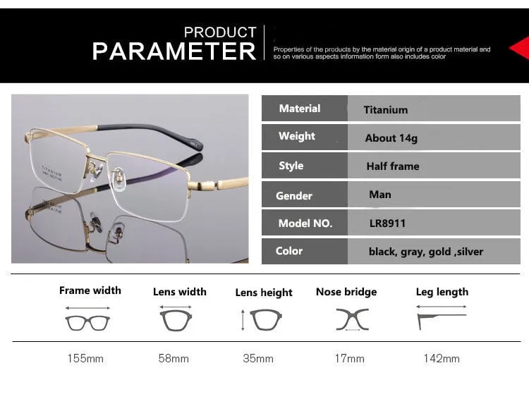 Men's Titanium Eyeglasses Square Semi Rim Frame  Lr8911