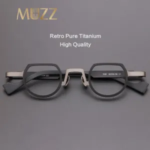 Muzz Men's Full Rim Irregular Flat Top Round Titanium Frame Eyeglasses T7020