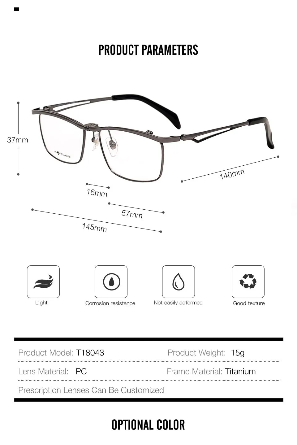 Muzz Men's Full Rim Square Titanium Flip Up Frame Eyeglasses 18043