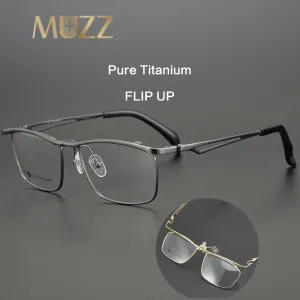 Muzz Men's Full Rim Square Titanium Flip Up Frame Eyeglasses 18043