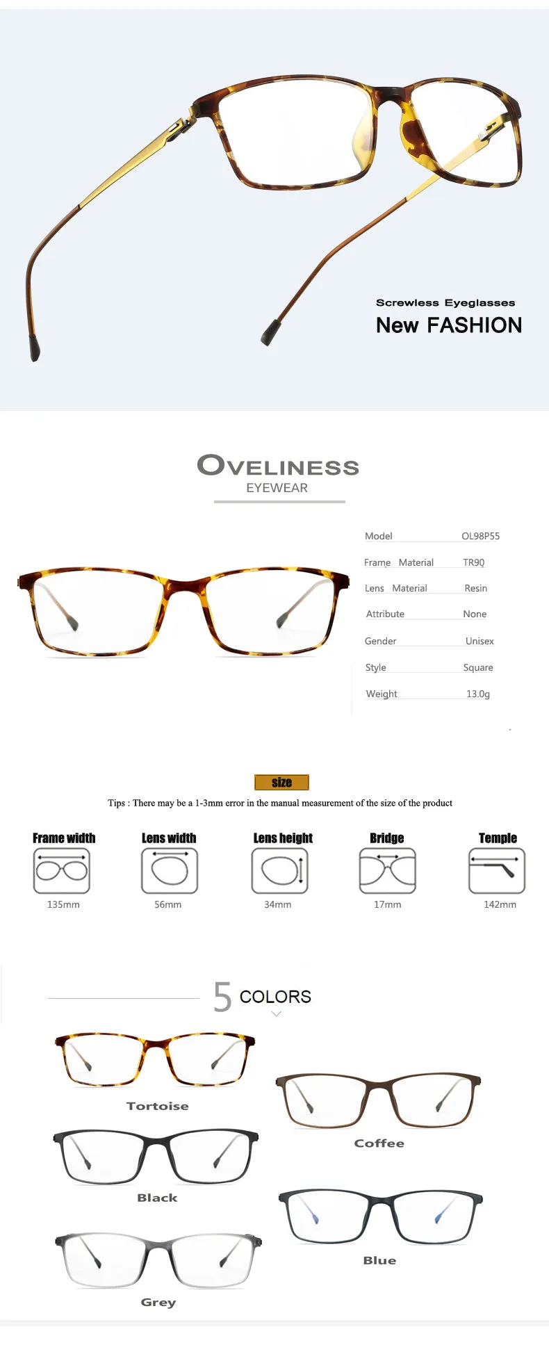 Oveliness Men's Full Rim Square Tr 90 Titanium Eyeglasses Ol98p55