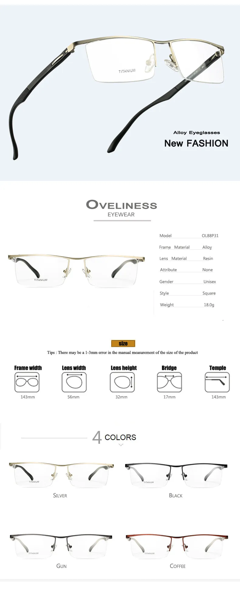 Oveliness Men's Semi Rim Square Screwless Titanium Alloy Eyeglasses 8831