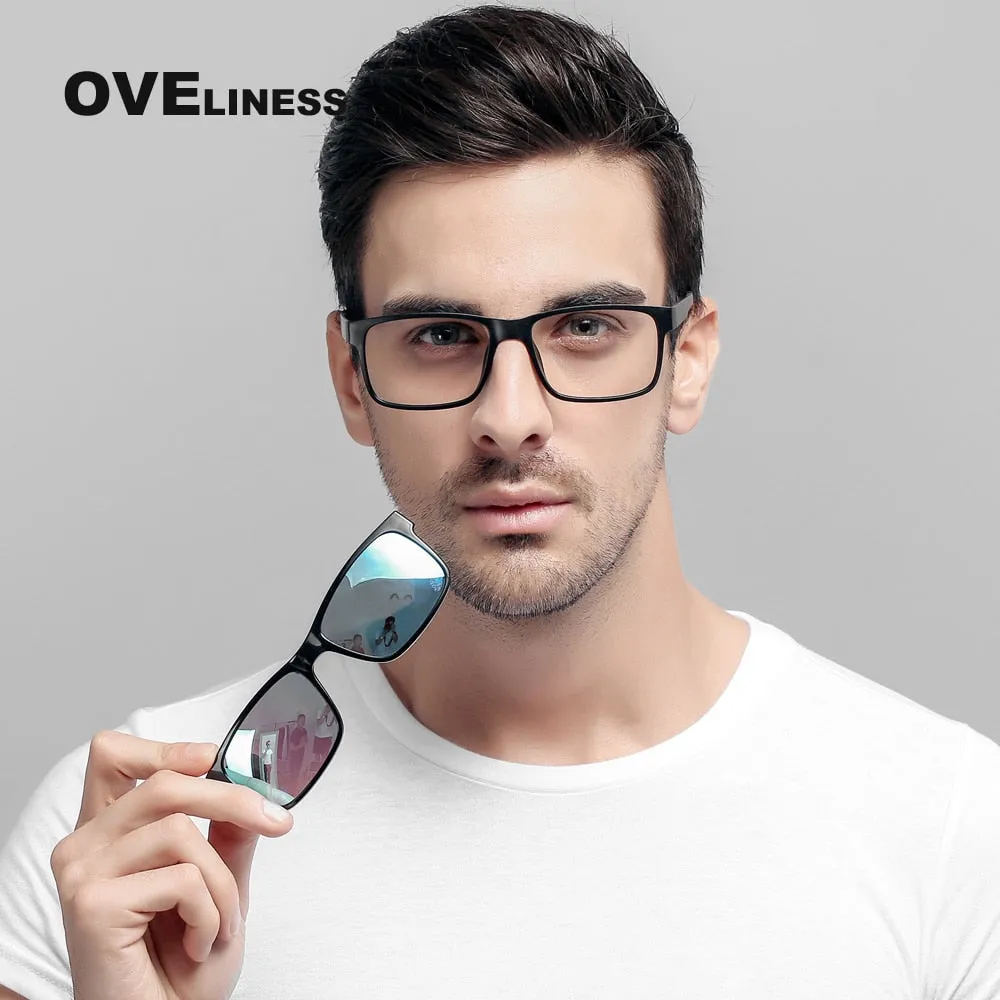 Oveliness Unisex Full Rim Square Tr 90 Titanium Eyeglasses Polarized Clip On Sunglasses 1641