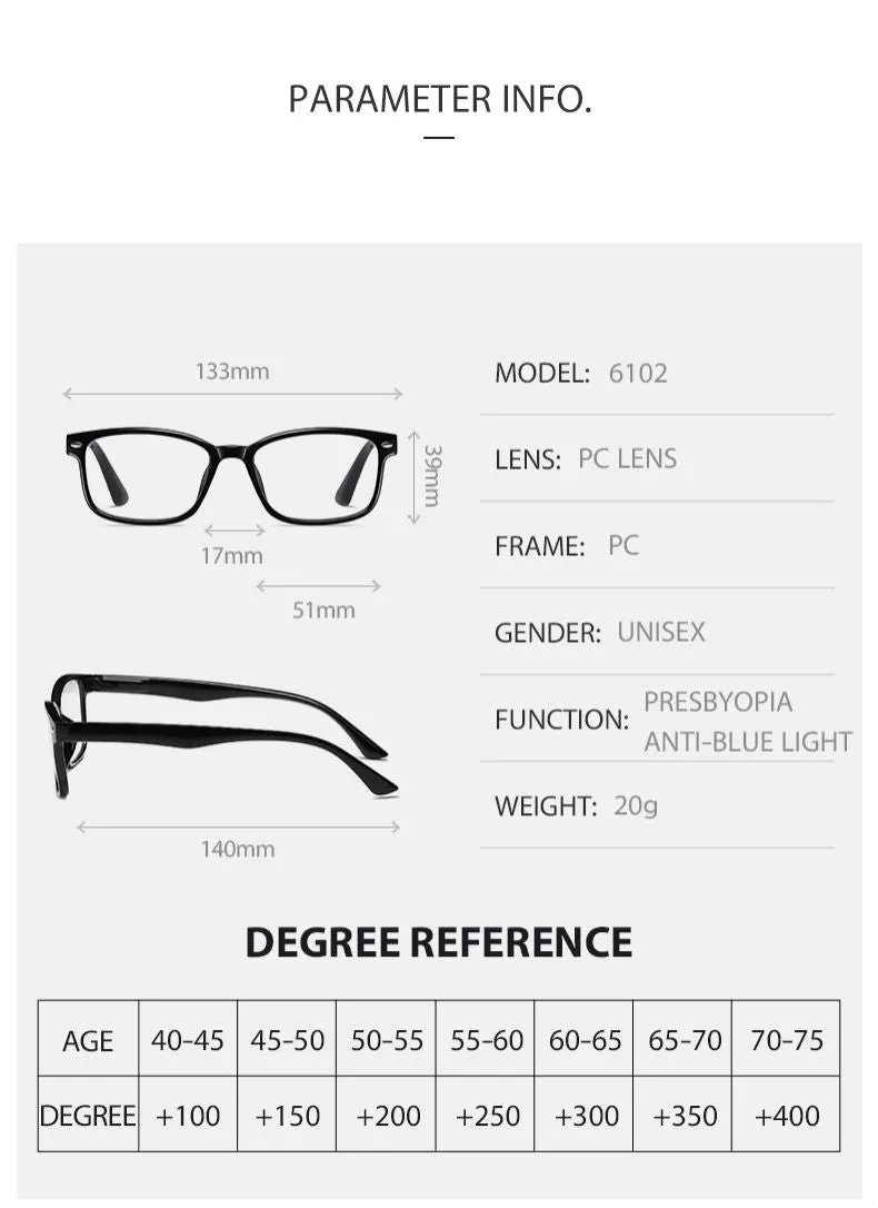 Oveliness Unisex Full Rim Square Tr 90 Titanium Presbyopic Reading Glasses 6102