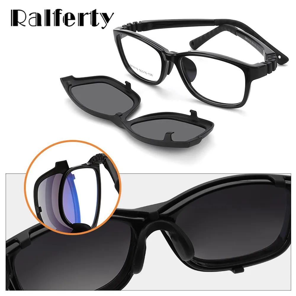 Ralferty  Unisex Children's Full Rim Square Acetate Eyeglasses With Polarized Clip On Sunglasses M18119