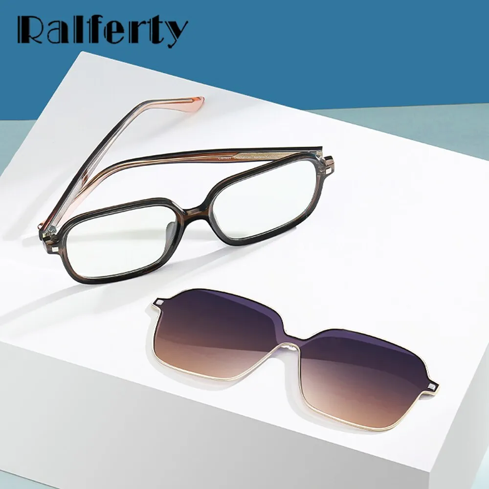 Ralferty Unisex Full Rim Square Acetate Eyeglasses With Polarized Clip On Sunglasses D7801