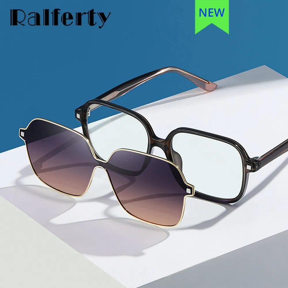 Ralferty Unisex Full Rim Square Acetate Eyeglasses With Polarized Clip On Sunglasses D7801