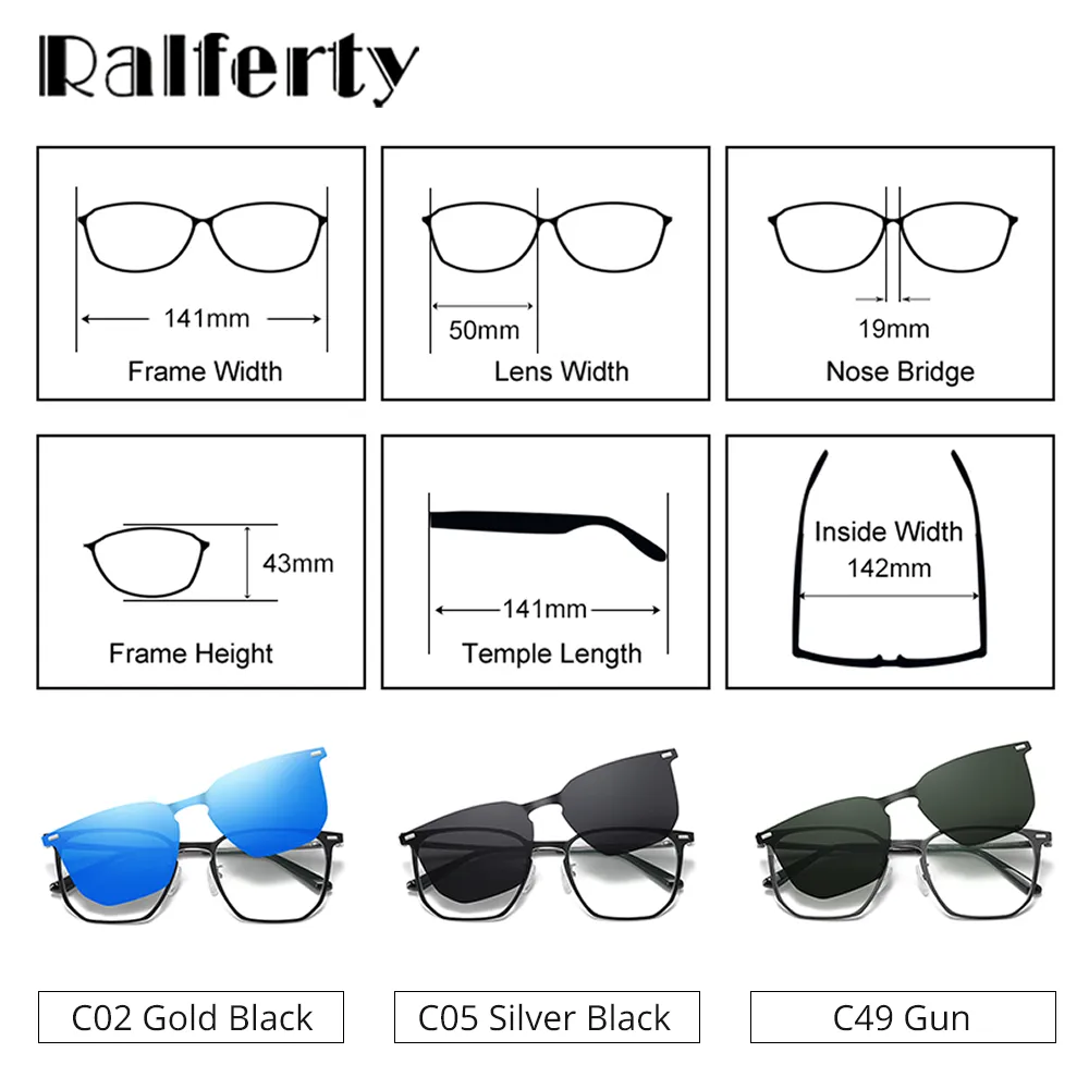 Ralferty Unisex Full Rim Square Alloy Acetate Eyeglasses With Clip On Polarized Sunglasses D8201