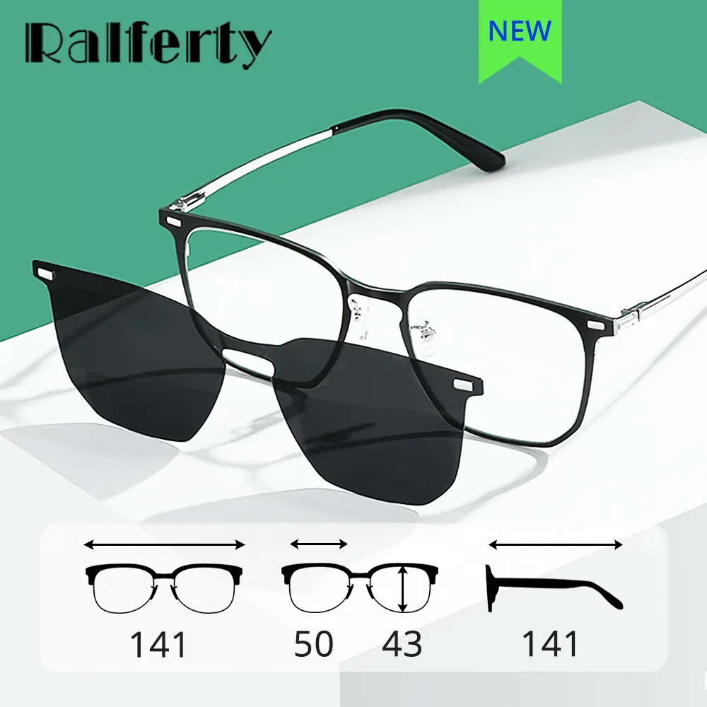 Ralferty Unisex Full Rim Square Alloy Acetate Eyeglasses With Clip On Polarized Sunglasses D8201