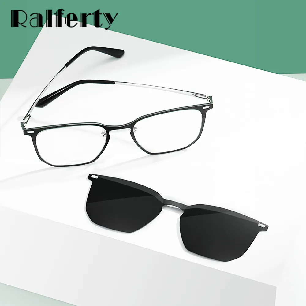 Ralferty Unisex Full Rim Square Alloy Acetate Eyeglasses With Clip On Polarized Sunglasses D8201