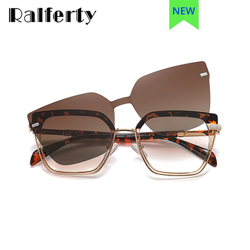 Ralferty Women's Full Rim Square Cat Eye Alloy Acetate Eyeglasses With Clip On Polarized Sunglasses