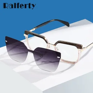 Ralferty Women's Full Rim Square Cat Eye Alloy Acetate Eyeglasses With Clip On Polarized Sunglasses