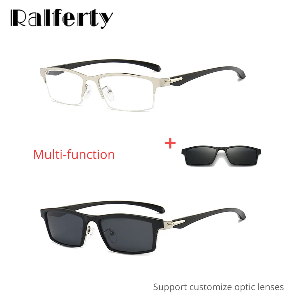 Ralftery Men's Semi Rim Rectangle Alloy Eyeglasses With Clip On Sunglasses Tr2347