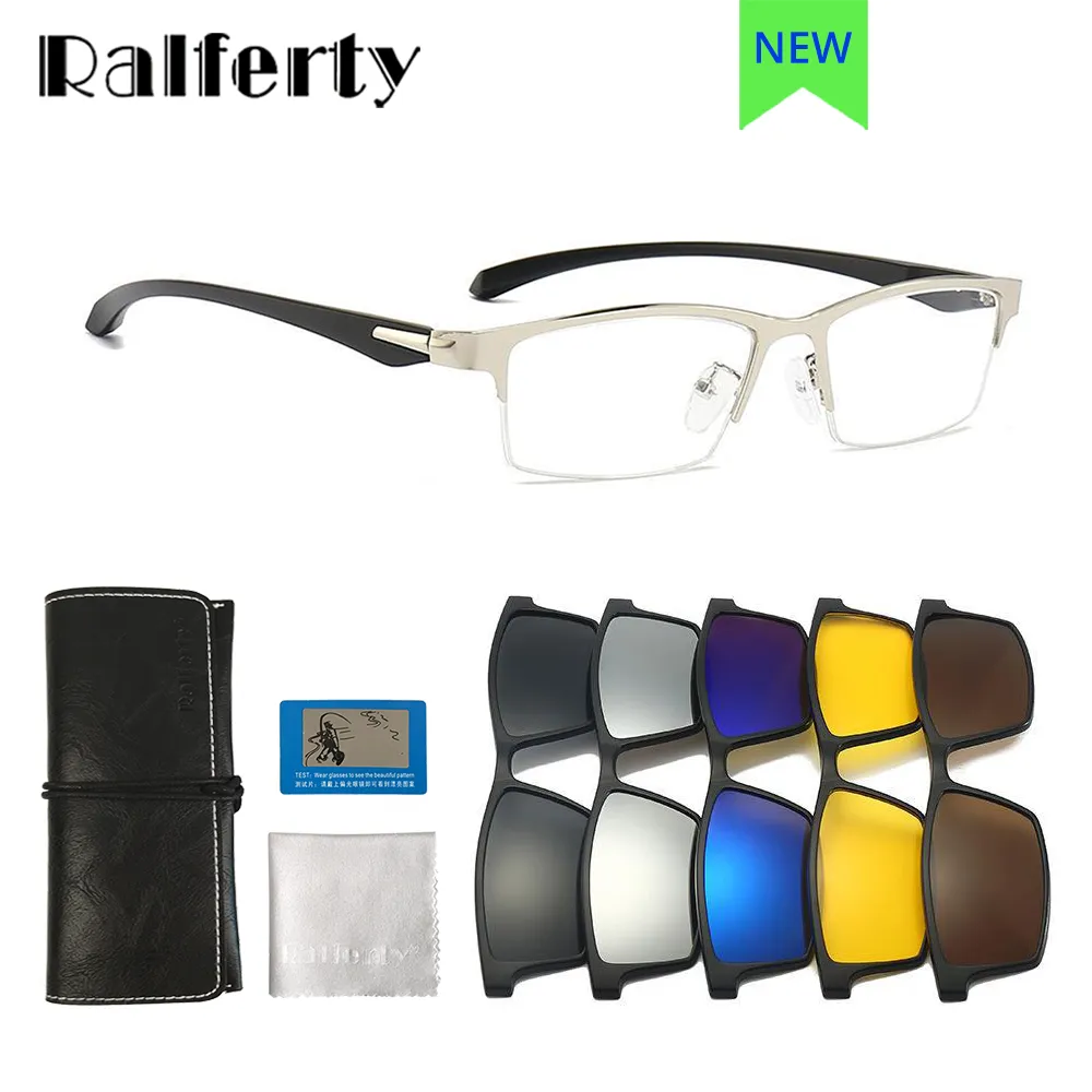 Ralftery Men's Semi Rim Rectangle Alloy Eyeglasses With Clip On Sunglasses Tr2347