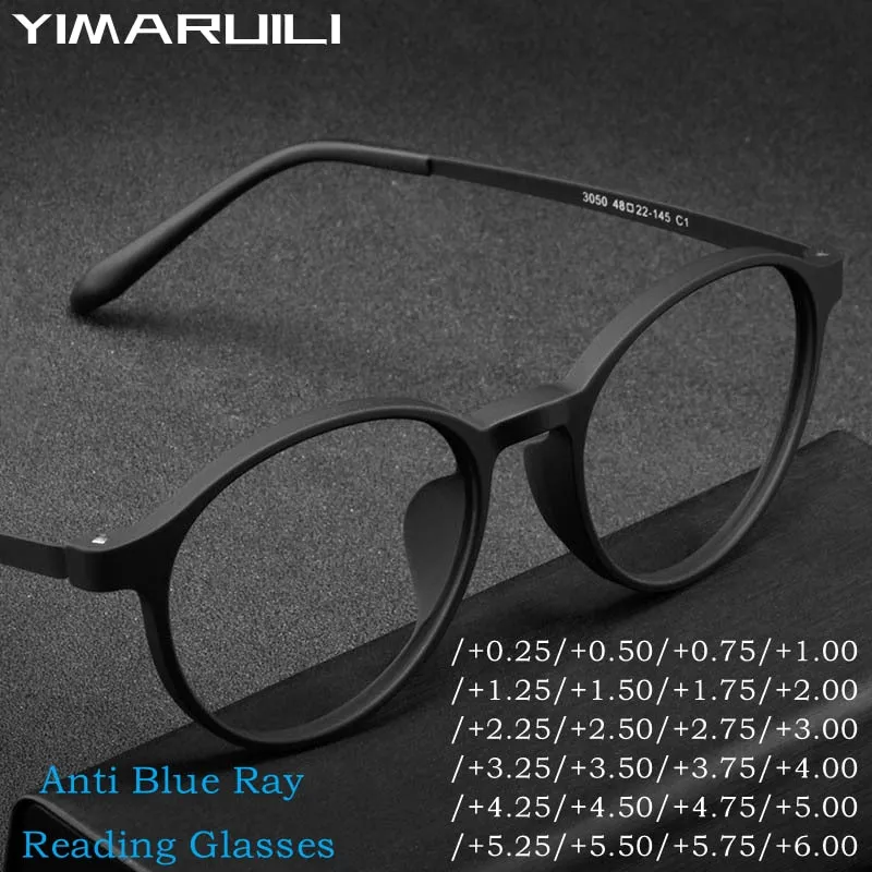 Yimaruil Men's Full Rim Round Rubber Black Titanium Anti-Blue Light Reading Glasses Y305