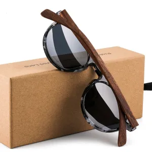 Yimaruili Unisex Full Rim Round Wood Frame HD Polarized Sunglasses 8048