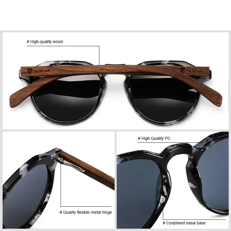 Yimaruili Unisex Full Rim Round Wood Frame HD Polarized Sunglasses 8048