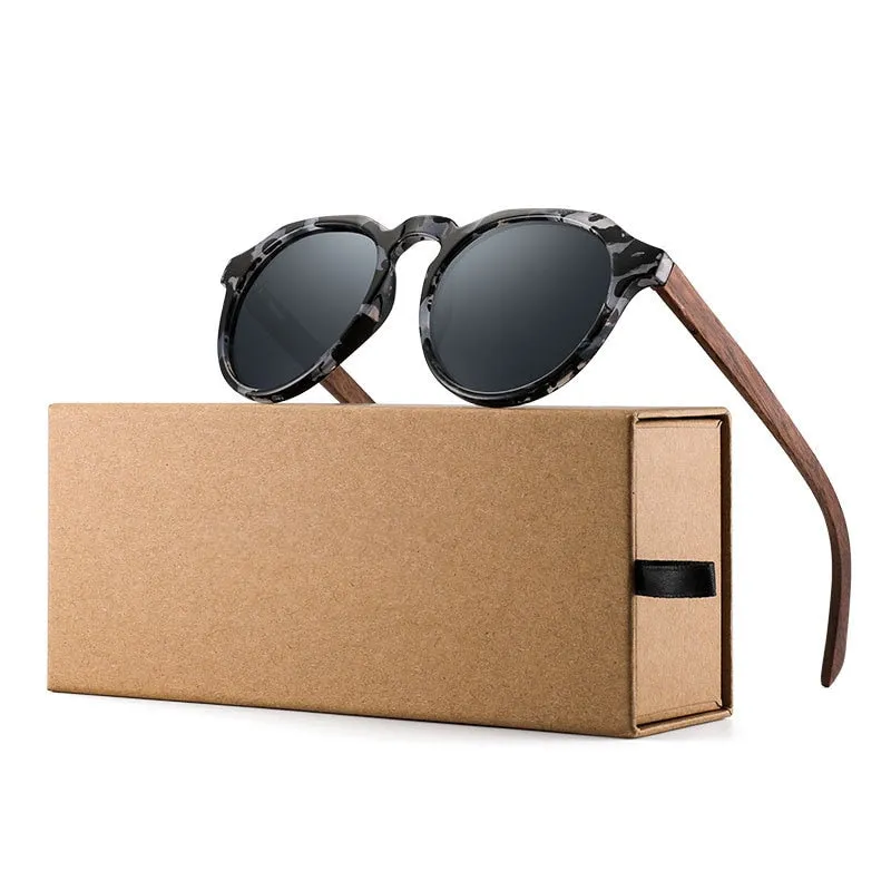 Yimaruili Unisex Full Rim Round Wood Frame HD Polarized Sunglasses 8048