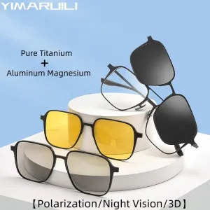 Yimaruili Unisex Full Rim Square  Aluminum Magnesium Titanium Eyeglasses Clip On Sunglasses 9908